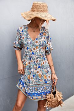 F00126324-203 Boho Sundress, Chic Summer Dresses, Attractive Clothing, Bohemia Style, Mini Robes, Bohemian Floral, Line Dress, Puffed Sleeves Dress, Floral Print Shorts