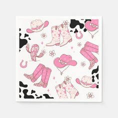 a pink and black cowgirl pattern on a white background with cowboy boots, hats, and stars