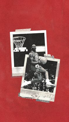 an old photo of a basketball player with the ball in his hand and another photograph of him