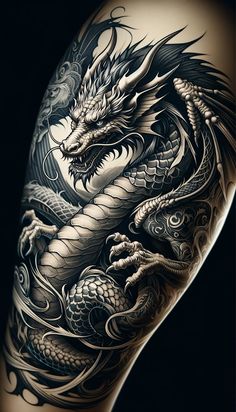 a black and white photo of a dragon tattoo