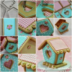 many different pictures of decorated cookies in the shape of houses