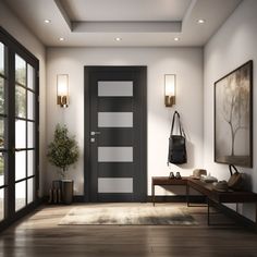 a modern entryway with black and white striped door, wood flooring and large windows