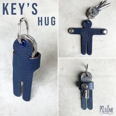 three pictures of key chains with the words key's hug written on them and an image of a man holding a cross