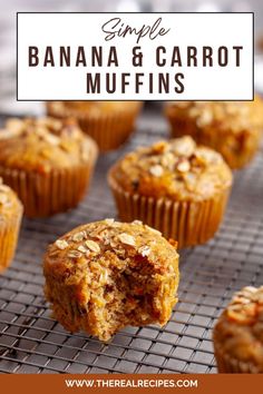 some banana and carrot muffins on a cooling rack with the title overlay