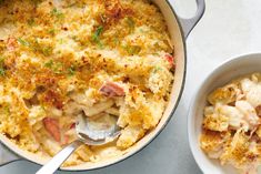 a casserole dish filled with macaroni and cheese topped with parsley