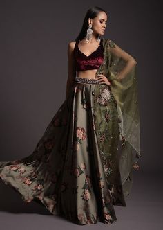 Floral Satin Skirt, Lucknowi Suits, Laurel Green, Cultural Fashion, Half Saree Lehenga, Diwali Outfits, Kalki Fashion, Embellished Belt, Casual Indian Fashion