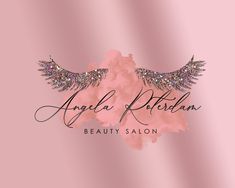 the logo for angel's kitchen beauty salon on a pink background with glitter wings