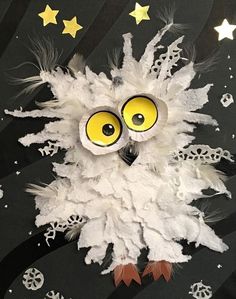 an owl made out of white feathers with yellow eyes and stars in the background,