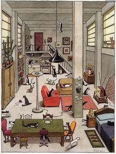 a drawing of a living room filled with furniture and cats