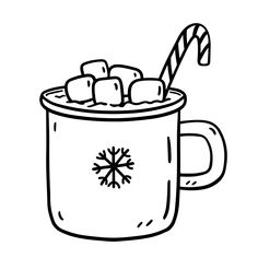 a mug filled with marshmallows and a candy cane in it coloring page