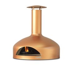 an oven that is gold colored and has a flame coming out of the top one