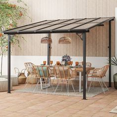 an outdoor dining area with table and chairs under a pergolated roof, surrounded by potted plants