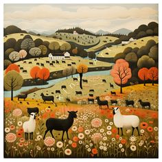 a painting of sheep in a field with trees and flowers on the other side of it