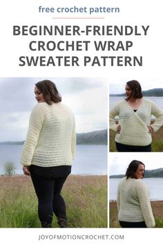 The Crochet Wrap Sweater is the perfect easy crochet pullover for women. Choose between sizes from XS to 5XL or customize it to your own by following the size adjustments. The pullover doesn’t have fancy stitches, & all you need to know is basic crochet stitches such as single crochet, treble crochet & chains. Crochet Wrap Sweater, Easy Crochet Pullover, Wrap Sweater Pattern, Beginner Crochet Sweater, Crochet Chains, Treble Crochet