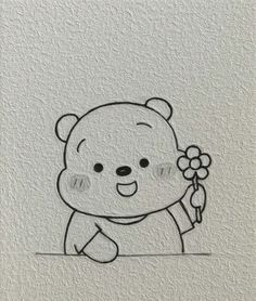 a drawing of a teddy bear holding a flower