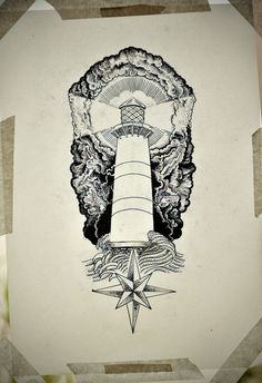 a black and white drawing of a lighthouse