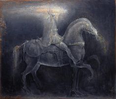 a painting of a man riding on the back of a horse in front of a dark background