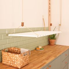 a kitchen counter with a basket on it