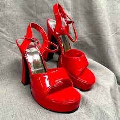 Nwot Show Stopper In 5” Heel Platform Sandal, Adjustable Ankle Strap, 100% Polyurethane, Gorgeous Red! Red Platform Heels, Red Platform, Ellie Shoes, Platform Sandals Heels, Heeled Sandal, Platform Sandals, Ankle Strap, Size 10, Women Shoes