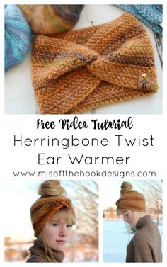 a woman wearing a knitted headband with text that reads free video tutor herringbone twist ear warmer