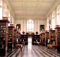 an empty library with many bookshelves and statues on the walls, along with checkered flooring