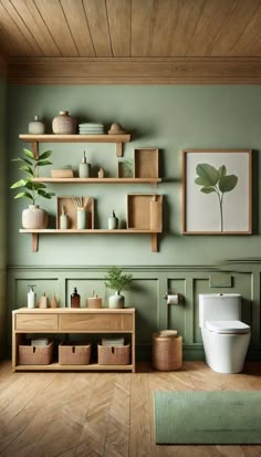 a bathroom with green walls and wooden shelves on the wall, including a white toilet