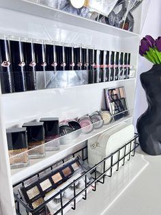 AS Designs Wall Makeup Organizer! Holds 30+ nail polish. 50+ brushes and almost any other makeup/beauty products or accessories you may have. Black wire basket included. The wall unit measures 28.75 inches in height. 16.5 inches width and 5 inches depth. This item can sit on a countertop or hanging on the wall. Perfume Display and brush holder in separate listing. Please visit my shop if interested. Please contact me if international shipping is needed. Please contact me with any questions. Thank you. Wall Makeup Storage, Wall Makeup Organizer, Hanging Makeup Organizer, Makeup Storage Ideas, Ikea Makeup, Black Wire Basket, Makeup Shelves, Room Revamp, Perfume Storage