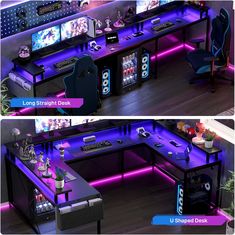 two different views of a gaming desk with purple lighting