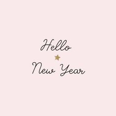 the words hello new year written in black ink on a pink background with gold stars