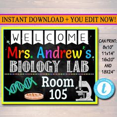 a chalkboard sign with the words, welcome mr and mrs andrews's biology lab room