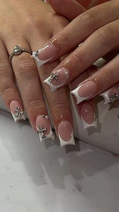 French Nails With Bling, Short Blinged Out Nails, Nails Nude