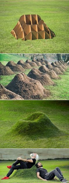 two pictures of people laying on the ground in front of mounds of dirt and grass