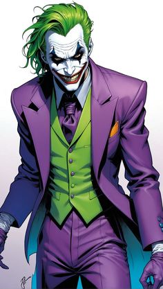 the joker is dressed up in a purple suit and green tie with his hands on his hips