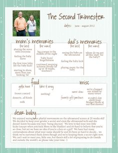 the second trimester is an info sheet for mom's memories and dad's memories