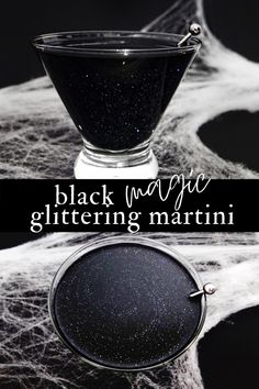 black magic glittering martini in a glass with spider web on the bottom