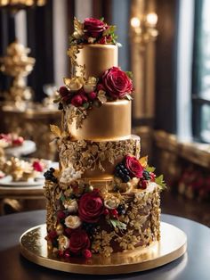 a three tiered wedding cake with red flowers on the top and gold trimmings