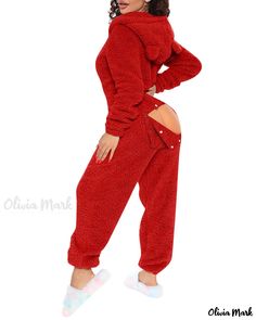 Olivia Mark - Cozy and Seductive Long-Sleeved Jumpsuit with Hood and Open Crotch for Intimate Moments Winter Home Outfit, Lounge Jumpsuit, Womens Onesie, Bodysuit Designs, Red Jumpsuit, Long Sleeve Jumpsuit, Wearing Red, One Piece For Women, Sleeved Romper