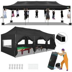 a black tent with people hanging from it