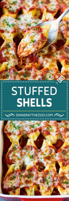 stuffed shells in a casserole dish with cheese and sauce