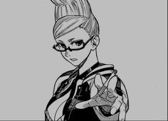 a black and white drawing of a woman with glasses on her head, wearing a jacket