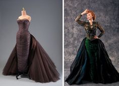 two dresses on mannequins, one in green and the other in brown