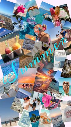 a collage of photos with the word summer written in blue and surrounded by images of people at the beach