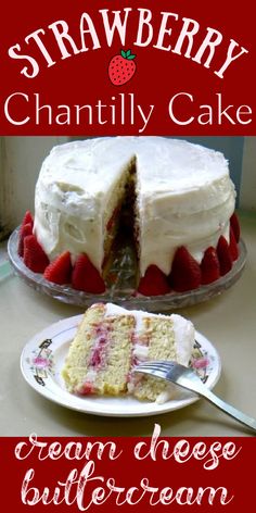 A slice of layer cake with strawberries between the layers and cream cheese frosting. Easy Moist Vanilla Cake, Strawberry Chantilly, Moist Vanilla Cake Recipe, Cake With Fresh Strawberries, Chantilly Cake, Easy Vanilla Cake, Cake With Strawberries, Easy Vanilla Cake Recipe, Yum Sauce