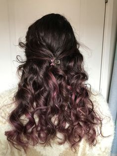 Plum And Dark Brown Hair, Pink Highlight In Brown Hair, Hair Dye For Wavy Hair, Brown Hair With Hair Dye, Purple Pink Highlights Brown Hair, Dark Brown Hair Pink Balayage, Colorful Brunette Hair, Curly Hair With Pink Tips, Brown Hair Pink Highlights Curly