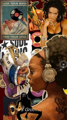 a collage of black women with headphones and various posters in the back ground