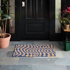 a blue and yellow door mat sitting next to a potted plant