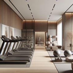 there are many treadmills in the room with mirrors on the wall and floor