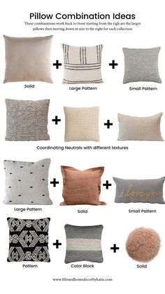 Figuring out what combination of pillows to use can be hard, but we can make it easy! 
Reach out to use at anytime to get advice on the best practices! Here’s a helpful cheat sheet too ❤️
This is just a reference tool have fun with it and mix it up! 🎉 Bedroom Pillows Arrangement, U Couch, Pillow Combinations, Throw Pillows Living Room, Interior Design Guide, Pillow Arrangement, Bantal Sofa, Beige Sofa, Living Room Pillows