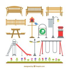 park benches and playground equipment are arranged in this flat lay style, including a swing set