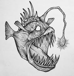 a drawing of a fish with its mouth open